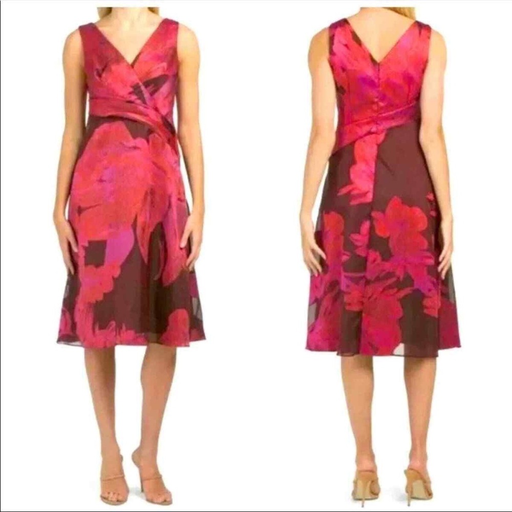 Adrianna Papell Pink and Red Floral Midi Dress